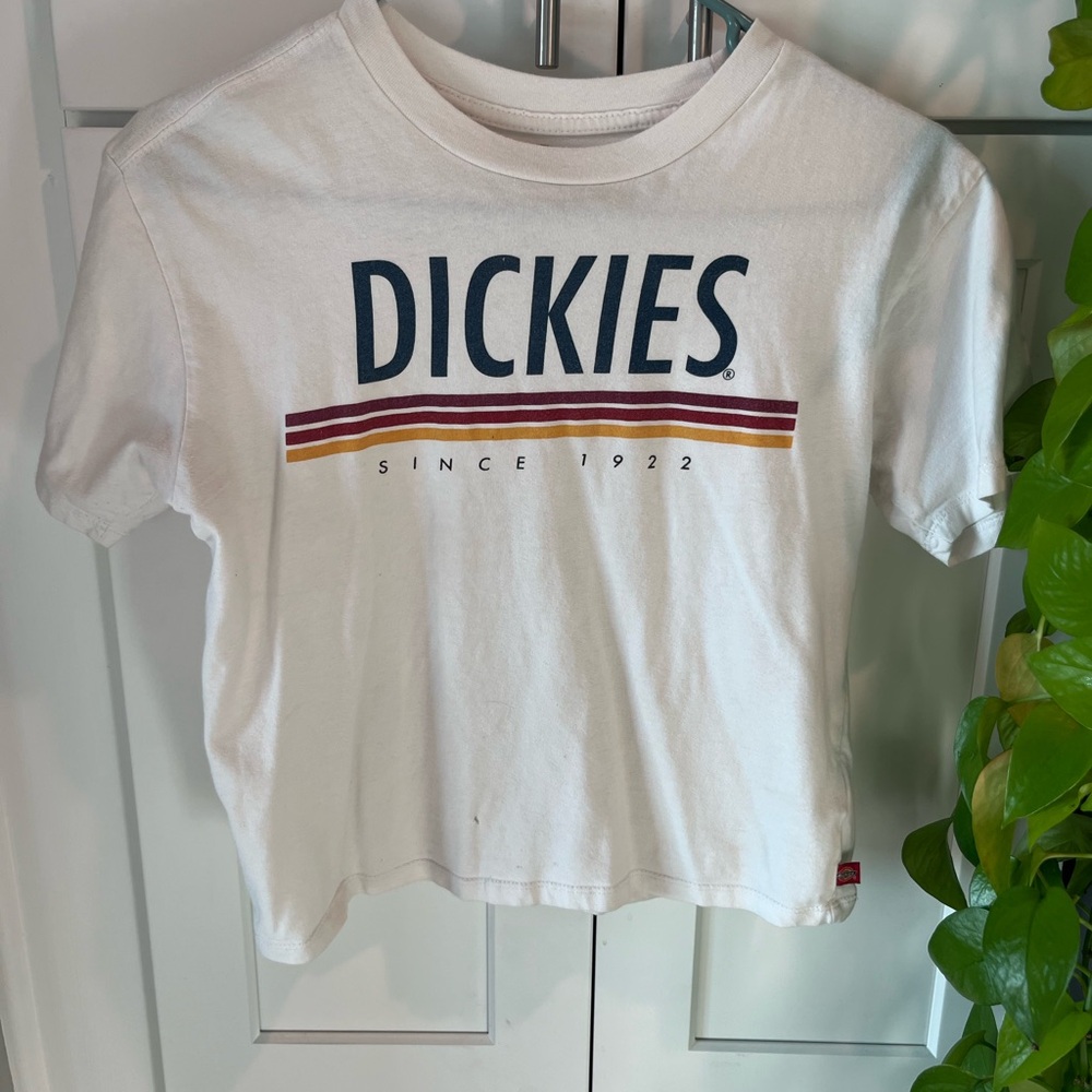Dickies XS White Logo Tee Crop Top with Striped Accent